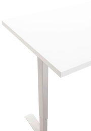 Elektrisches Fußgestell in seitlicher Perspektive mit weißer Tischplatte.