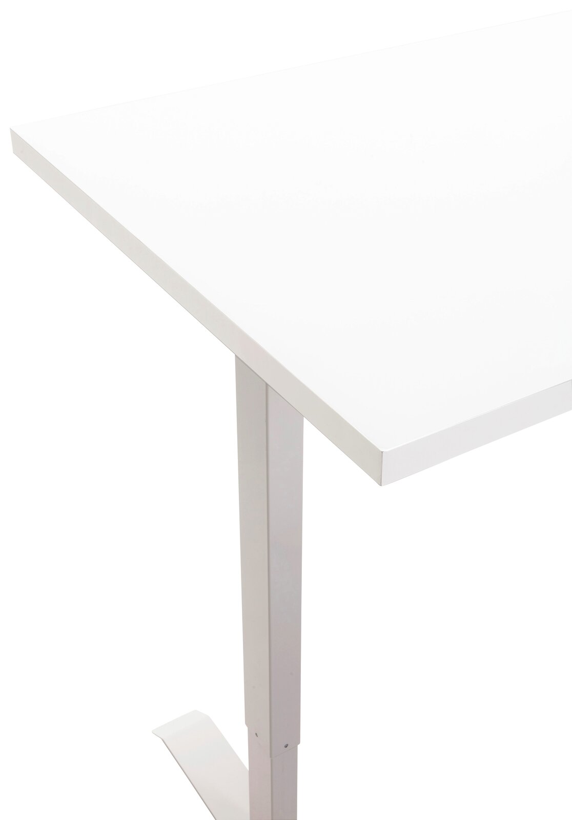 Elektrisches Fußgestell in seitlicher Perspektive mit weißer Tischplatte.