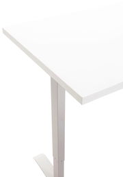 Elektrisches Fußgestell in seitlicher Perspektive mit weißer Tischplatte.