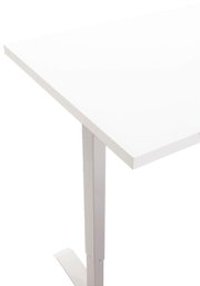 Elektrisches Fußgestell in seitlicher Perspektive mit weißer Tischplatte.