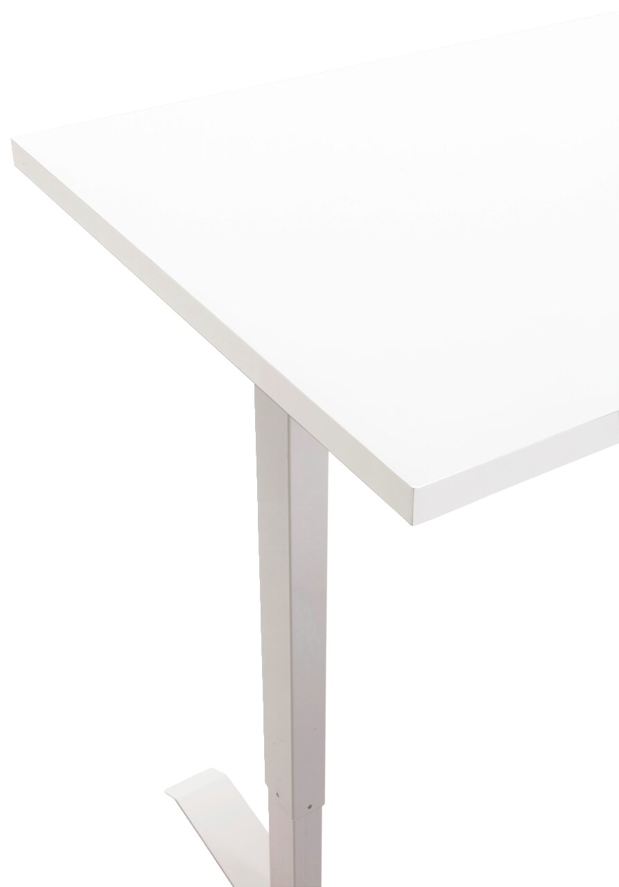 Elektrisches Fußgestell in seitlicher Perspektive mit weißer Tischplatte.