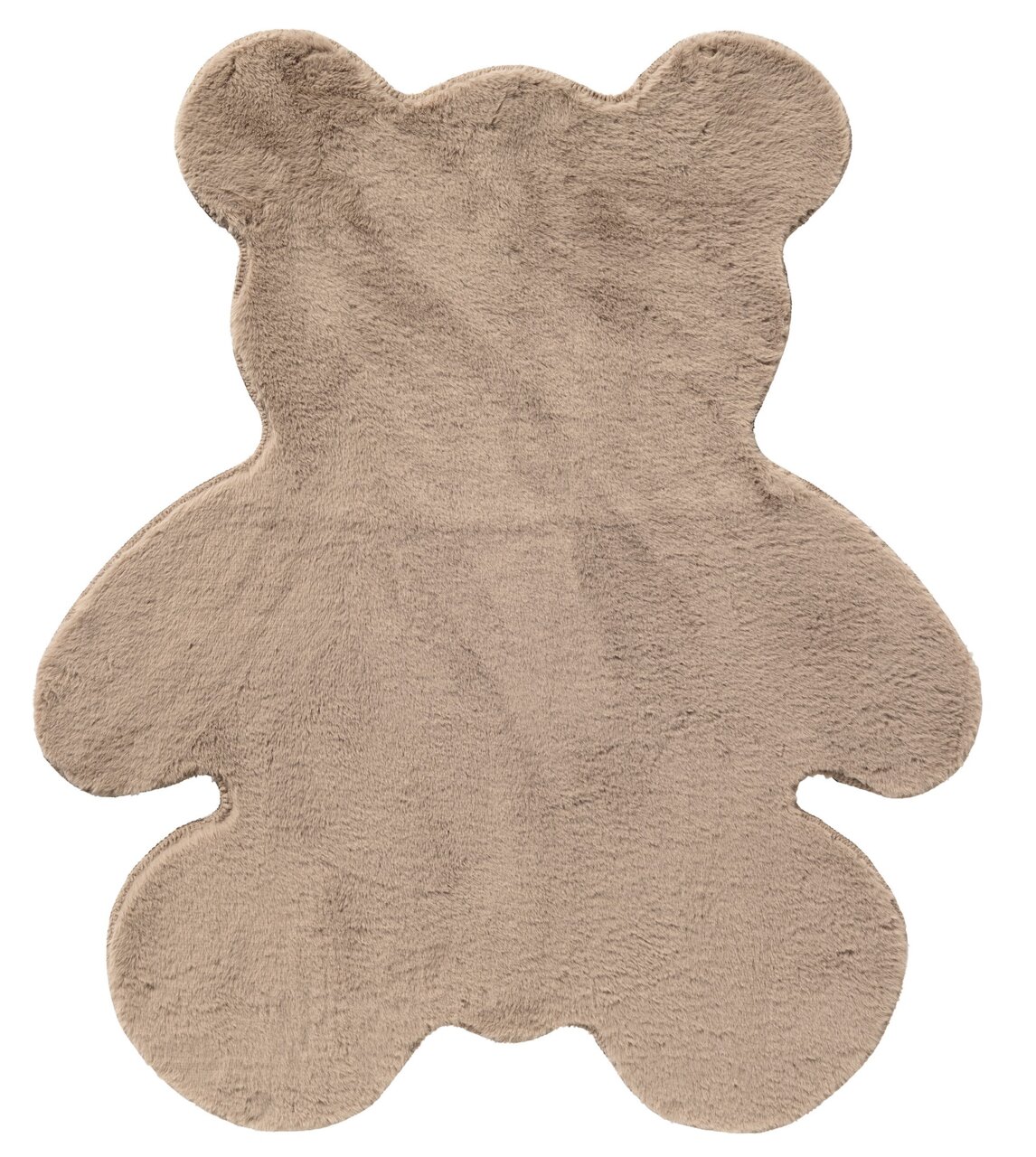 Beigefarbener Teppich in Form eines Teddybären, aus der Vogelperspektive fotografiert.