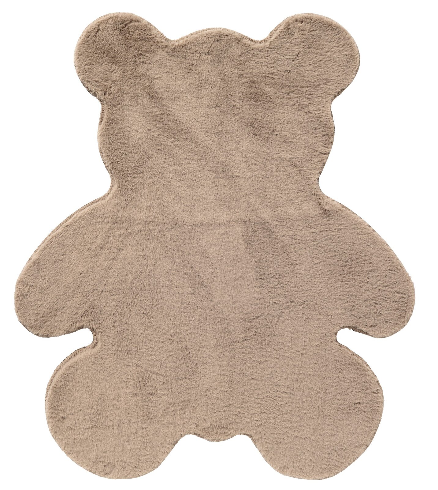 Beige tapijt in de vorm van een teddybeer, gefotografeerd vanuit vogelperspectief.