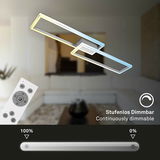 Moderne LED Deckenleuchte in Aluchrom mit rechteckigem Design, stufenlos dimmbar, inklusive Fernbedienung, seitliche Perspektive.