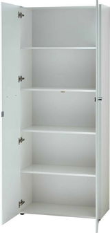 Weißer Aktenschrank mit geöffneter Tür, vier Einlegeböden, Frontalansicht