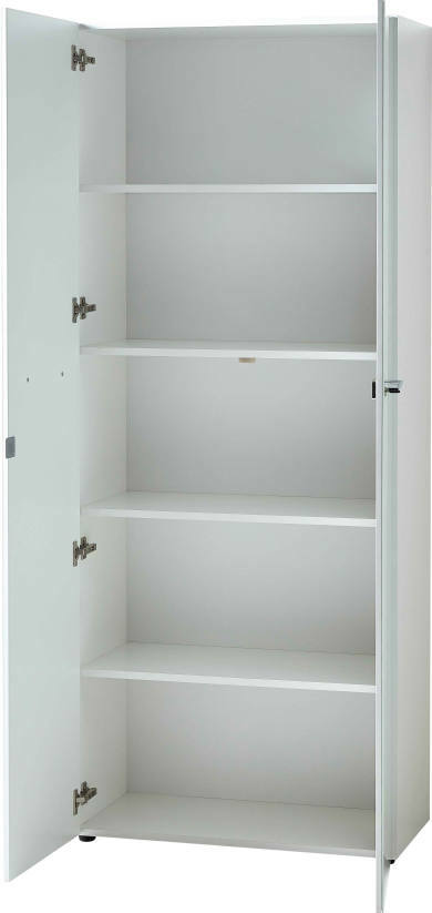 Weißer Aktenschrank mit geöffneter Tür, vier Einlegeböden, Frontalansicht