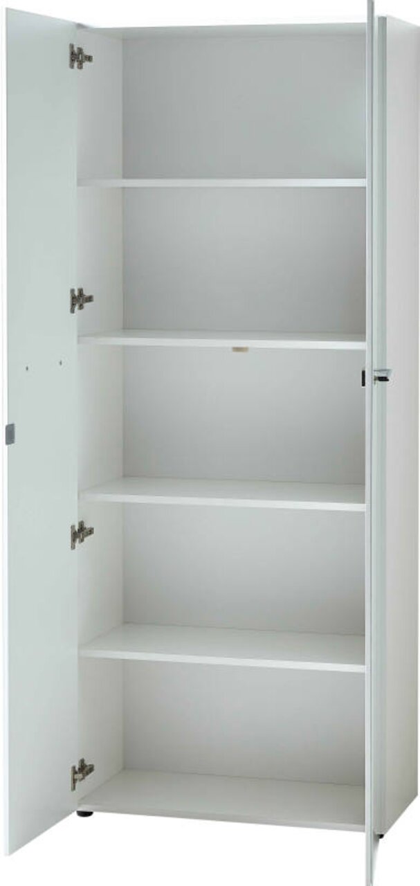Weißer Aktenschrank mit geöffneter Tür, vier Einlegeböden, Frontalansicht