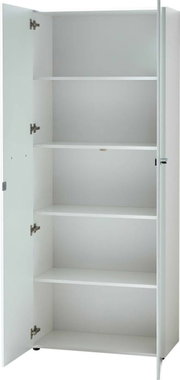 Weißer Aktenschrank mit geöffneter Tür, vier Einlegeböden, Frontalansicht