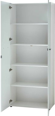 Weißer Aktenschrank mit geöffneter Tür, vier Einlegeböden, Frontalansicht