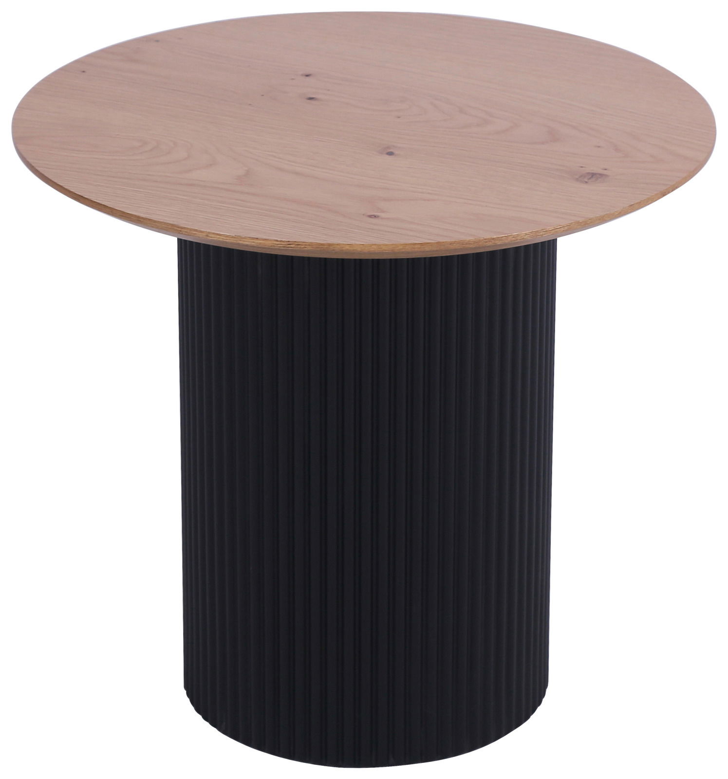 Runder Beistelltisch mit schwarzem, geriffeltem Sockel und heller Holzplatte, seitliche Perspektive