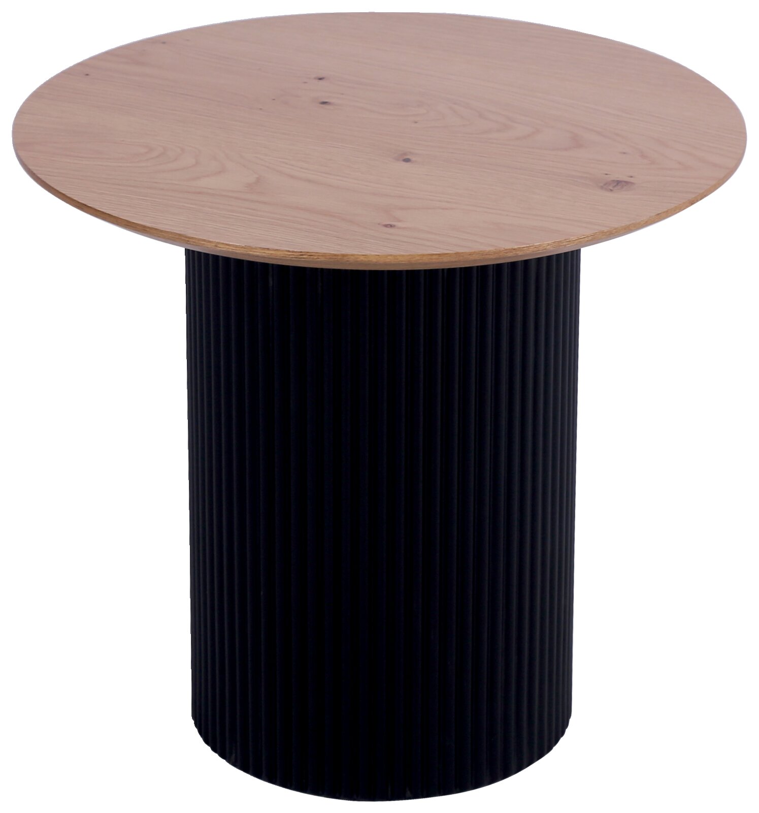 Ronde bijzettafel met een zwarte, geribbelde voet en een lichtgekleurd houten blad, zijaanzicht