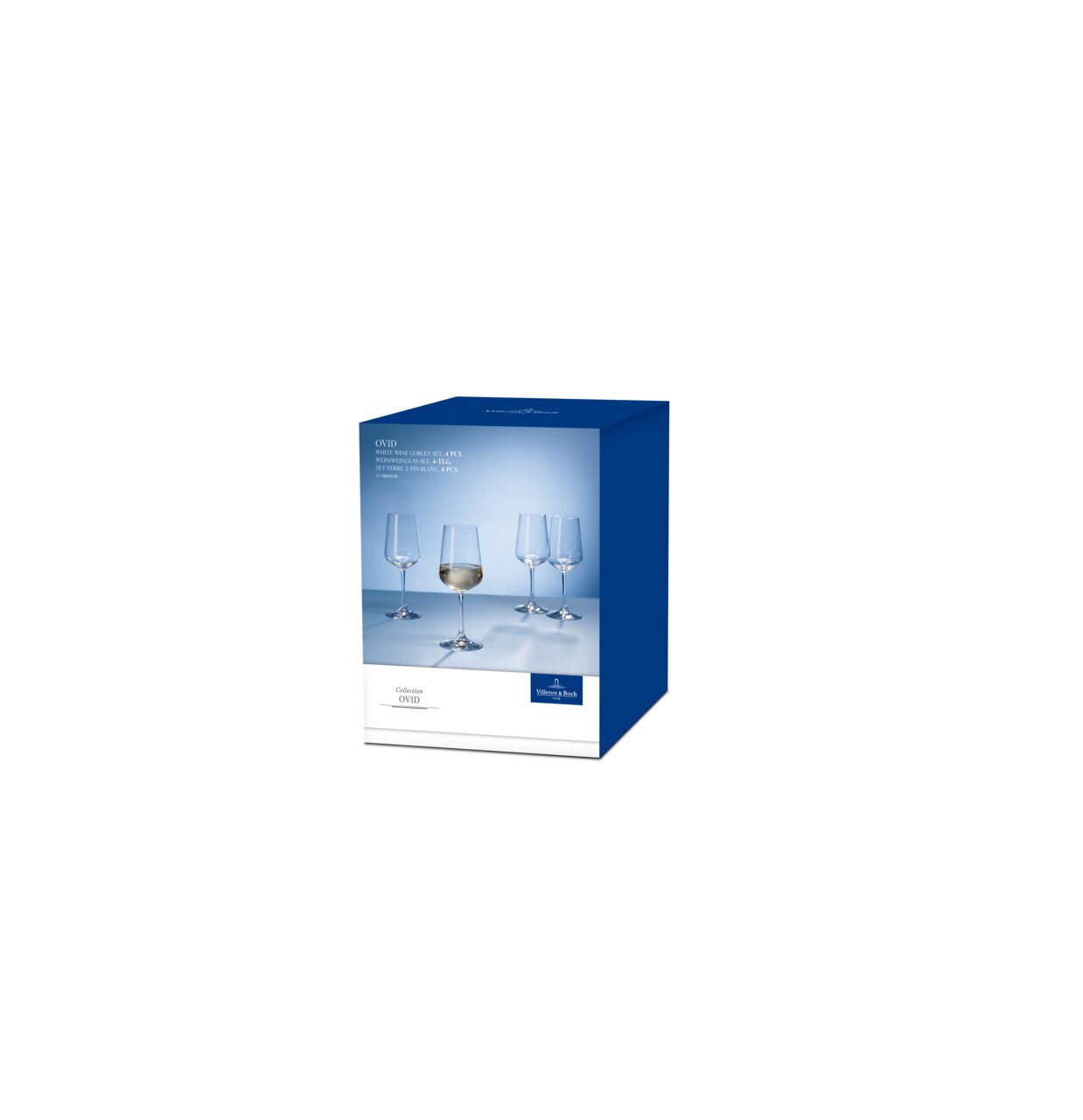 Verpackung eines 4er-Sets Weißweingläser Ovid, frontal abgebildet.