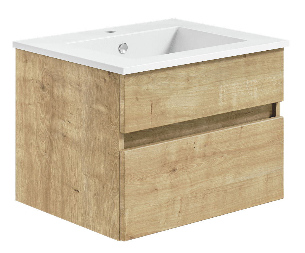 Waschtisch mit Holzoptik und weißem Waschbecken, seitliche Perspektive