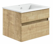 Waschtisch mit Holzoptik und weißem Waschbecken, seitliche Perspektive