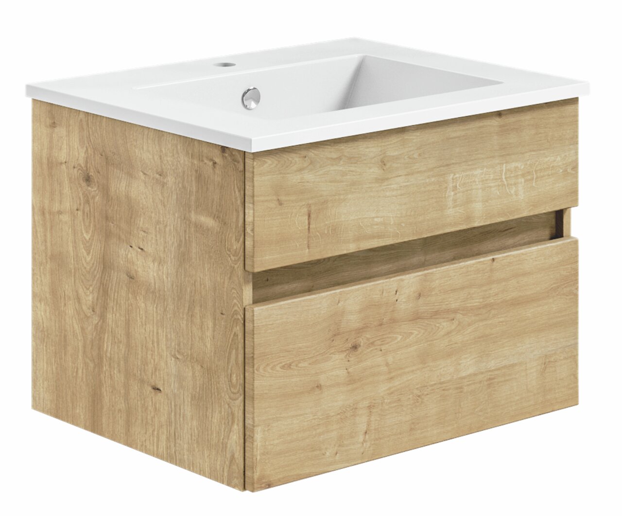 Waschtisch mit Holzoptik und weißem Waschbecken, seitliche Perspektive