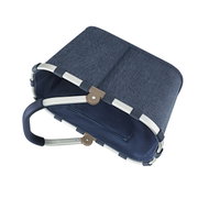 Carrybag in Dunkelblau mit Fischgrätenmuster, seitliche Perspektive, zeigt den stabilen Aluminiumrahmen und den Tragegriff.