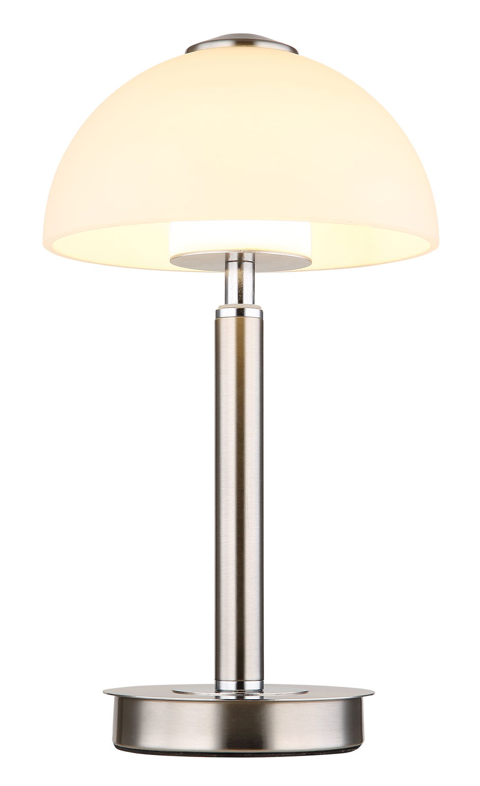 Globo Lighting Tischleuchte ULDIN Moderne Tischleuchte ULDIN mit rundem, weißem Lampenschirm und silbernem Standfuß, frontal abgebildet.