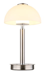 Moderne Tischleuchte ULDIN mit rundem, weißem Lampenschirm und silbernem Standfuß, frontal abgebildet.