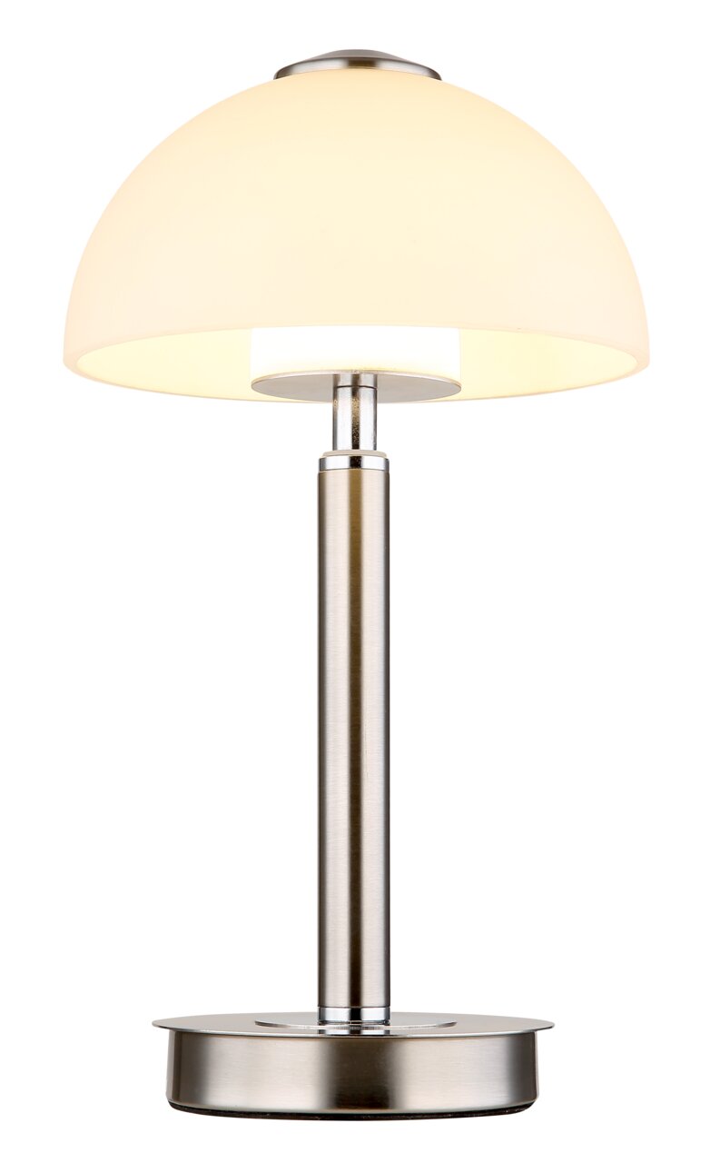 Globo Lighting Tischleuchte ULDIN Moderne Tischleuchte ULDIN mit rundem, weißem Lampenschirm und silbernem Standfuß, frontal abgebildet.