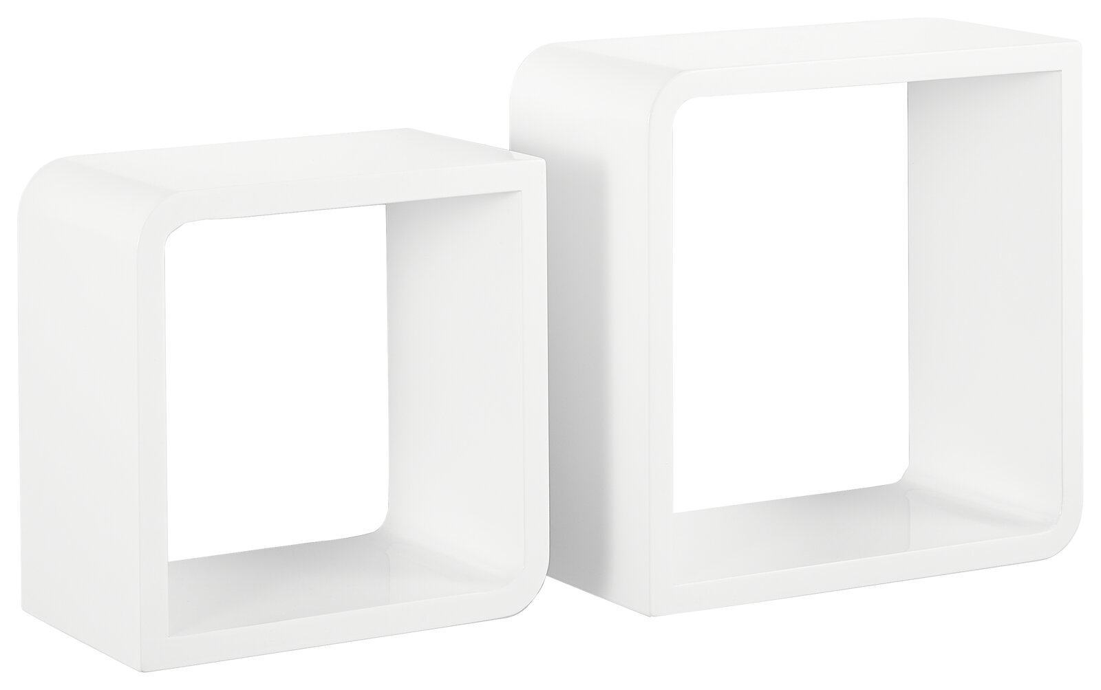 Zwei weiße, quadratische Wandregale in modernem Design, aus seitlicher Perspektive fotografiert.