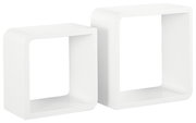 Zwei weiße, quadratische Wandregale in modernem Design, aus seitlicher Perspektive fotografiert.
