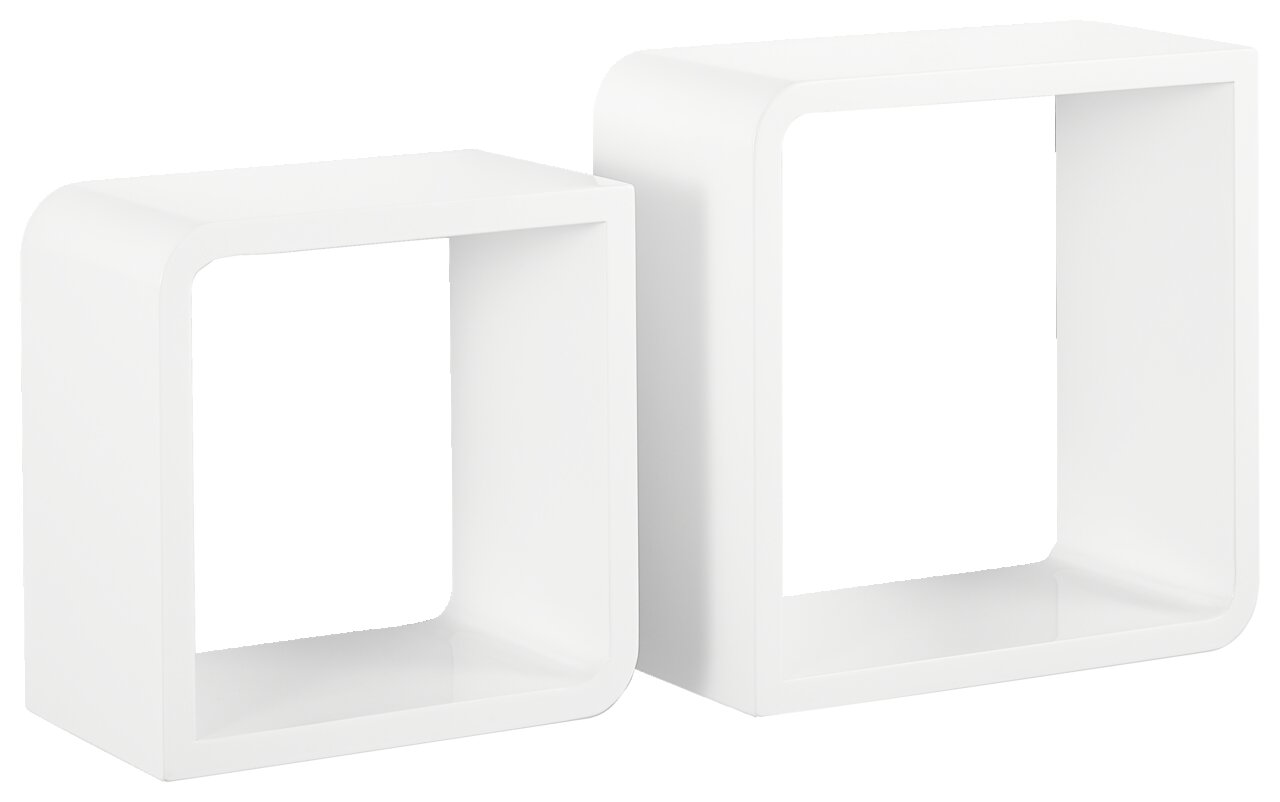 Zwei weiße, quadratische Wandregale in modernem Design, aus seitlicher Perspektive fotografiert.