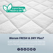Nahaufnahme einer Jugendmatratze mit FRESH & DRY Plus Bezug, zeigt die strukturierte Oberfläche aus 45% TENCEL und 55% Polyester, perspektivisch von oben.
