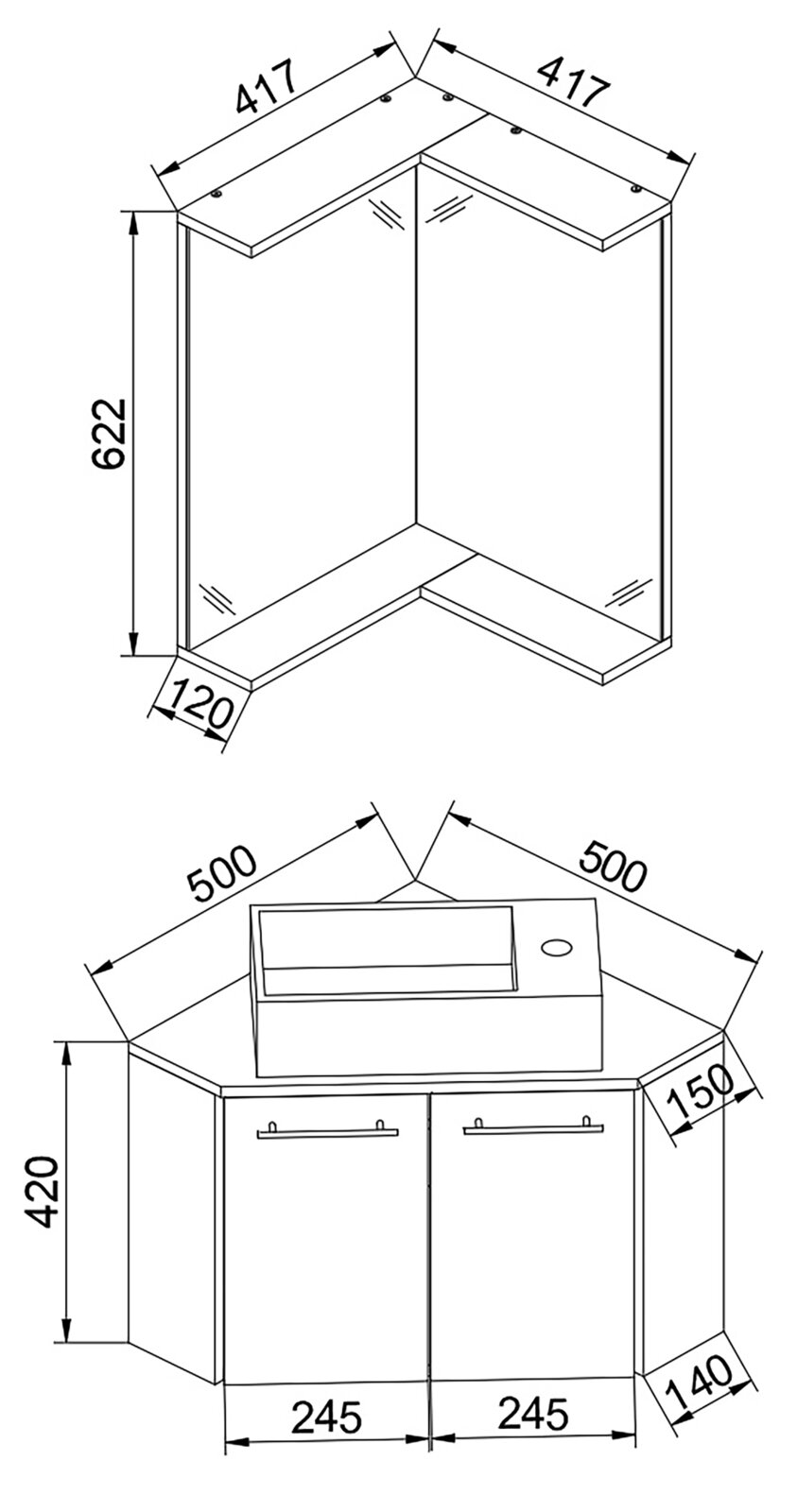 Technische Maßzeichnung eines Eck-Hängeschranks/Spiegelschranks mit zwei Türen und Eckablage, Maße u. a. 417/417 mm und 622 mm; dargestellt in isometrischer Perspektive sowie zusätzlich in Frontansicht mit Maßangaben.