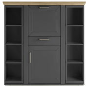 Frontansicht eines modernen Highboards mit dunkler Oberfläche, offenen Regalen und Holzplatte.