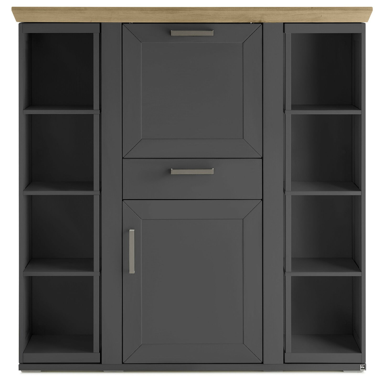 Frontansicht eines modernen Highboards mit dunkler Oberfläche, offenen Regalen und Holzplatte.