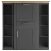 Frontansicht eines modernen Highboards mit dunkler Oberfläche, offenen Regalen und Holzplatte.