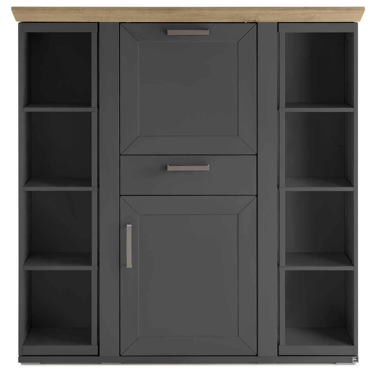 Frontansicht eines modernen Highboards mit dunkler Oberfläche, offenen Regalen und Holzplatte.