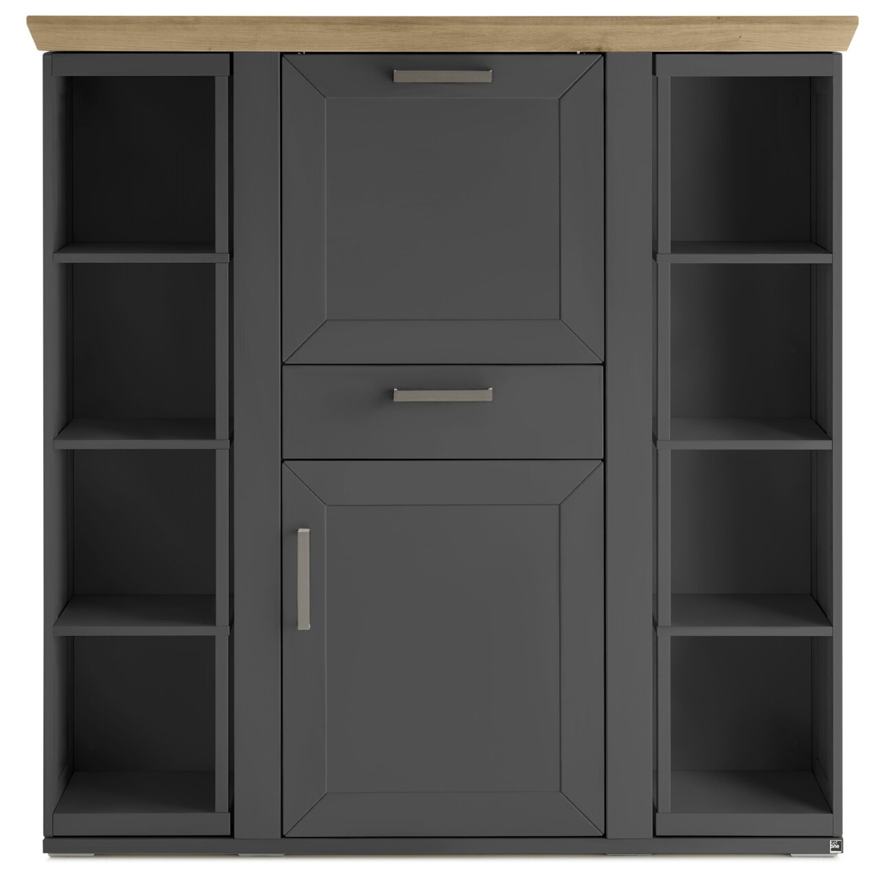 Frontansicht eines modernen Highboards mit dunkler Oberfläche, offenen Regalen und Holzplatte.