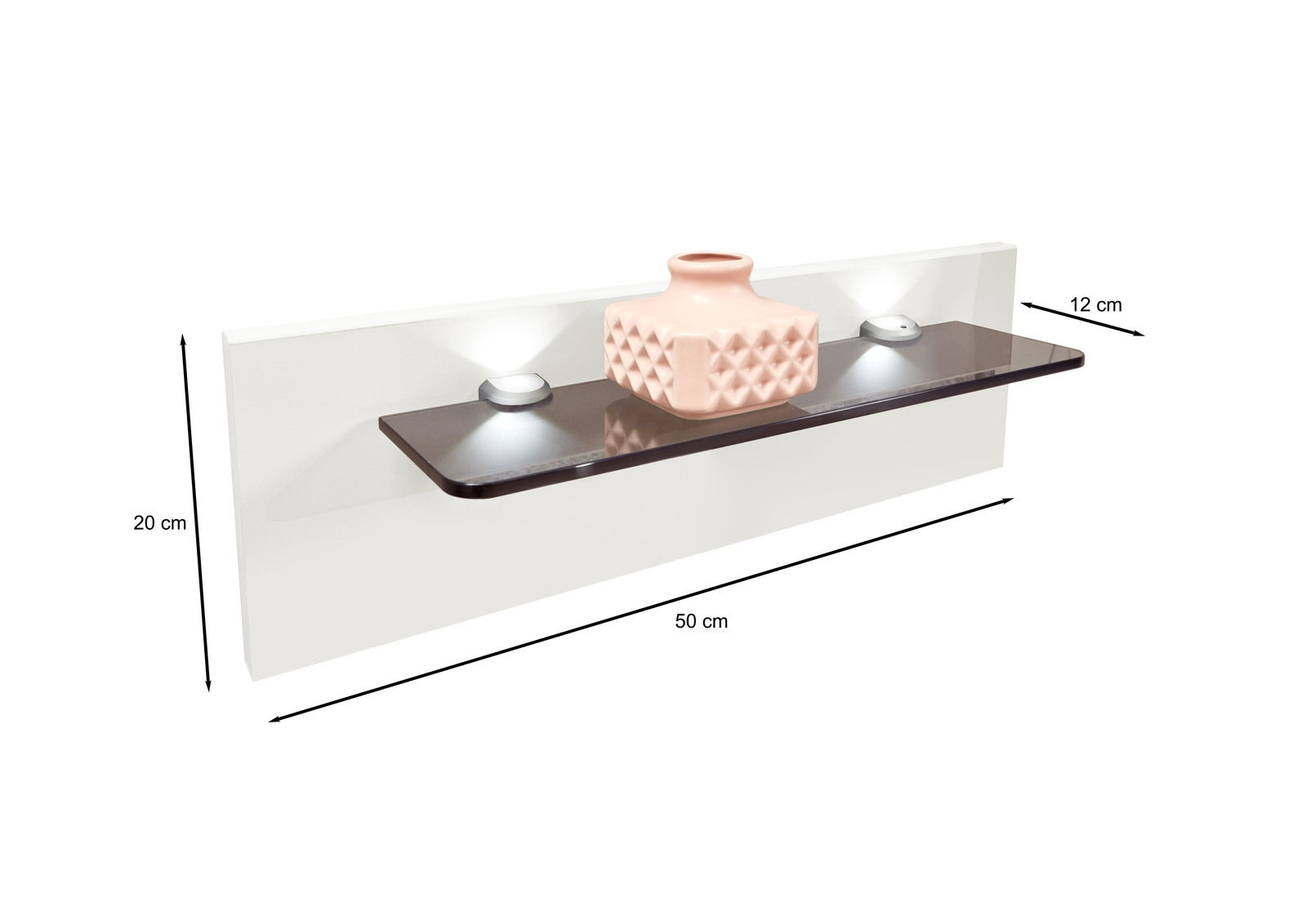 Nachtkonsolen-Paneel mit Glasablage und integrierter Beleuchtung, seitliche Perspektive