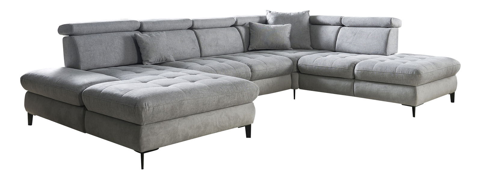 Graues Ecksofa mit verstellbaren Kopfstützen und Kissen, Perspektive von vorne links