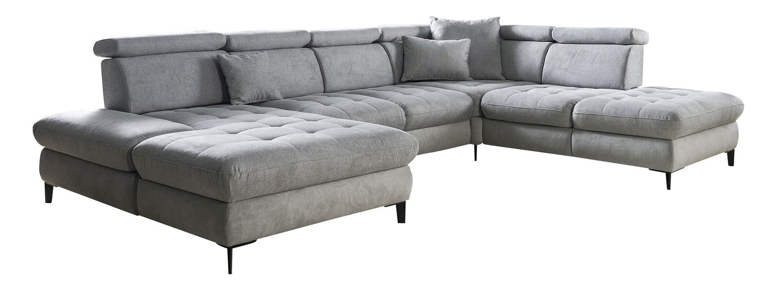 Graues Ecksofa mit verstellbaren Kopfstützen und Kissen, Perspektive von vorne links