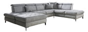 Graues Ecksofa mit verstellbaren Kopfstützen und Kissen, Perspektive von vorne links