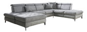 Graues Ecksofa mit verstellbaren Kopfstützen und Kissen, Perspektive von vorne links
