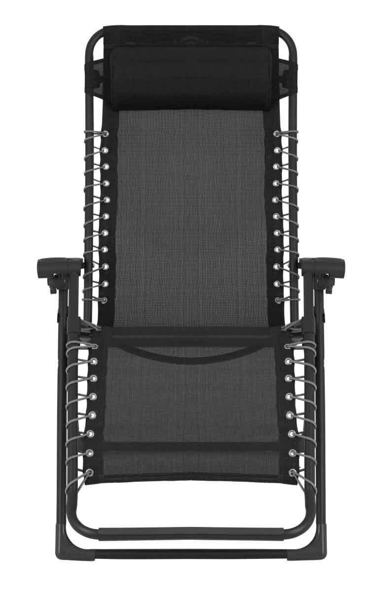 Schwarze Gartenliege aus Metall und Textil von vorne