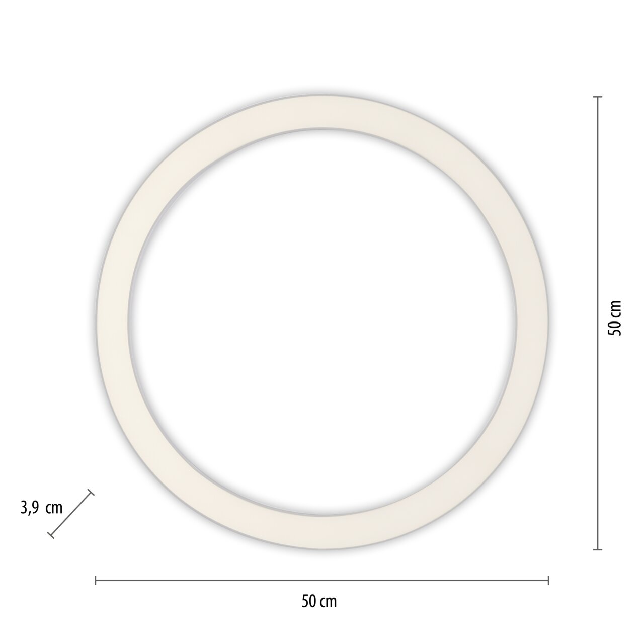 Runde Deckenleuchte mit einem Durchmesser von 50 cm und einer Höhe von 3,9 cm, aus der Vogelperspektive betrachtet.