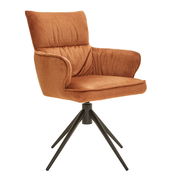 Moderner Armlehnstuhl in orangefarbenem Stoff mit schwarzem Metallgestell, seitliche Perspektive