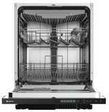 Offene Ansicht eines Geschirrspülers mit herausziehbaren Körben und Bedienfeld an der Vorderseite.