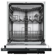 Offene Ansicht eines Geschirrspülers mit herausziehbaren Körben und Bedienfeld an der Vorderseite.