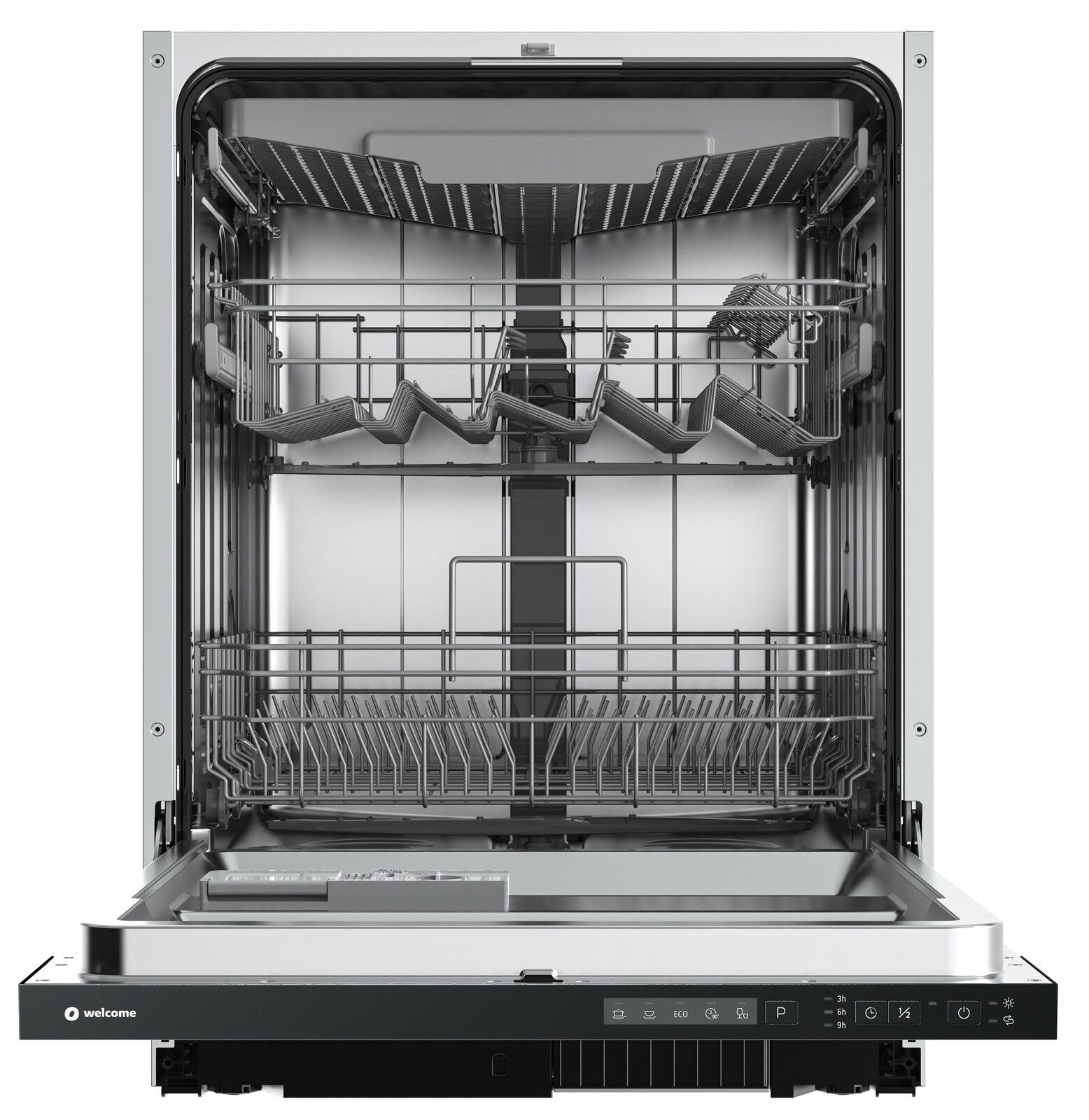 Offene Ansicht eines Geschirrspülers mit herausziehbaren Körben und Bedienfeld an der Vorderseite.