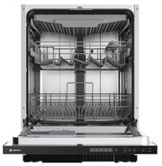 Offene Ansicht eines Geschirrspülers mit herausziehbaren Körben und Bedienfeld an der Vorderseite.