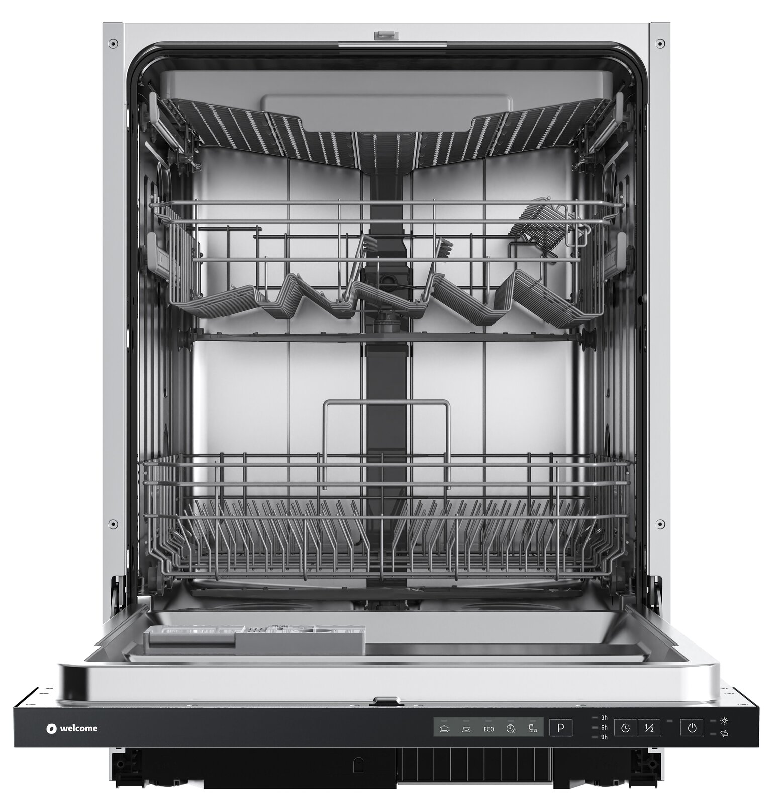 Offene Ansicht eines Geschirrspülers mit herausziehbaren Körben und Bedienfeld an der Vorderseite.