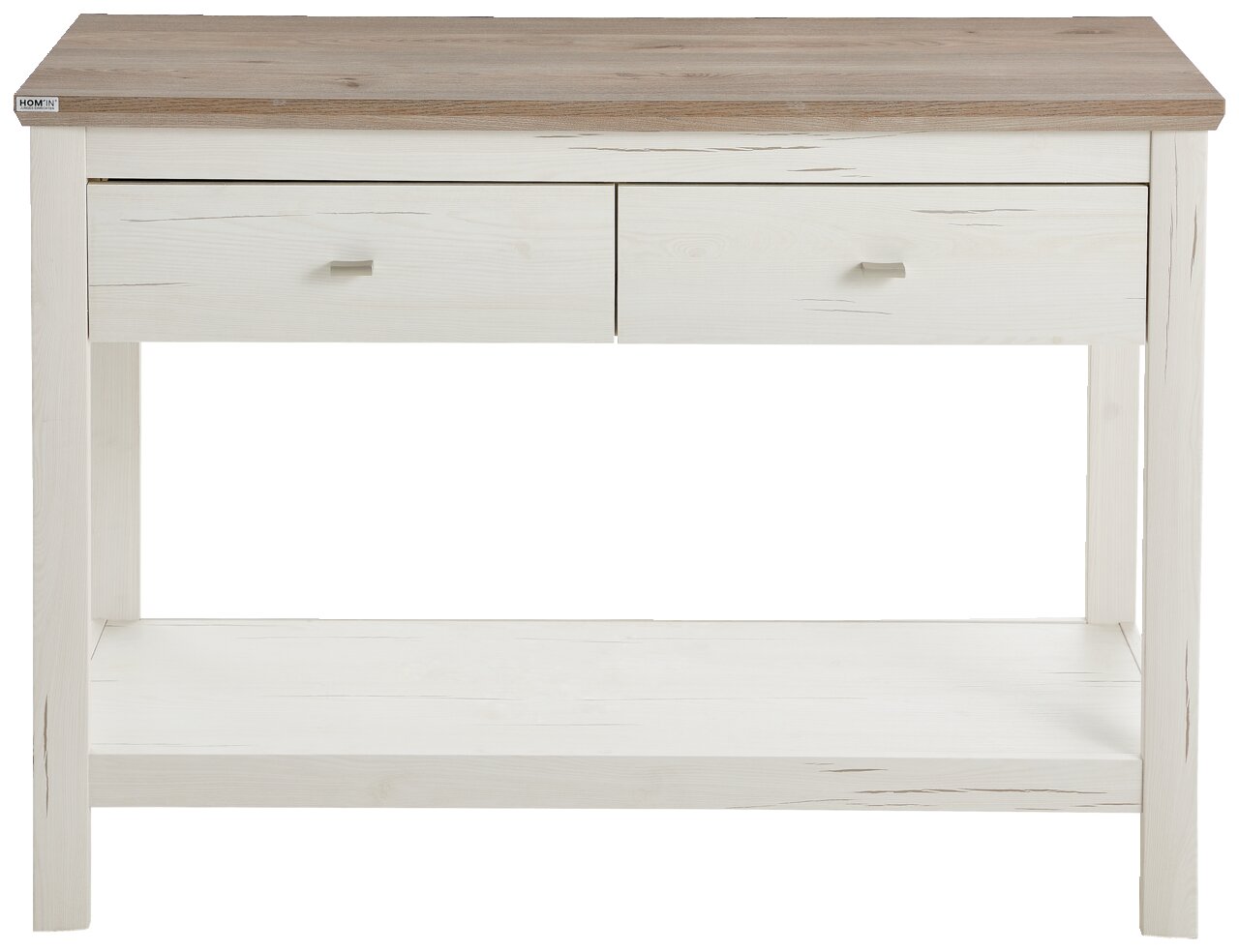 Holzkonsole mit zwei Schubladen, weiß mit brauner Oberseite, Frontalansicht