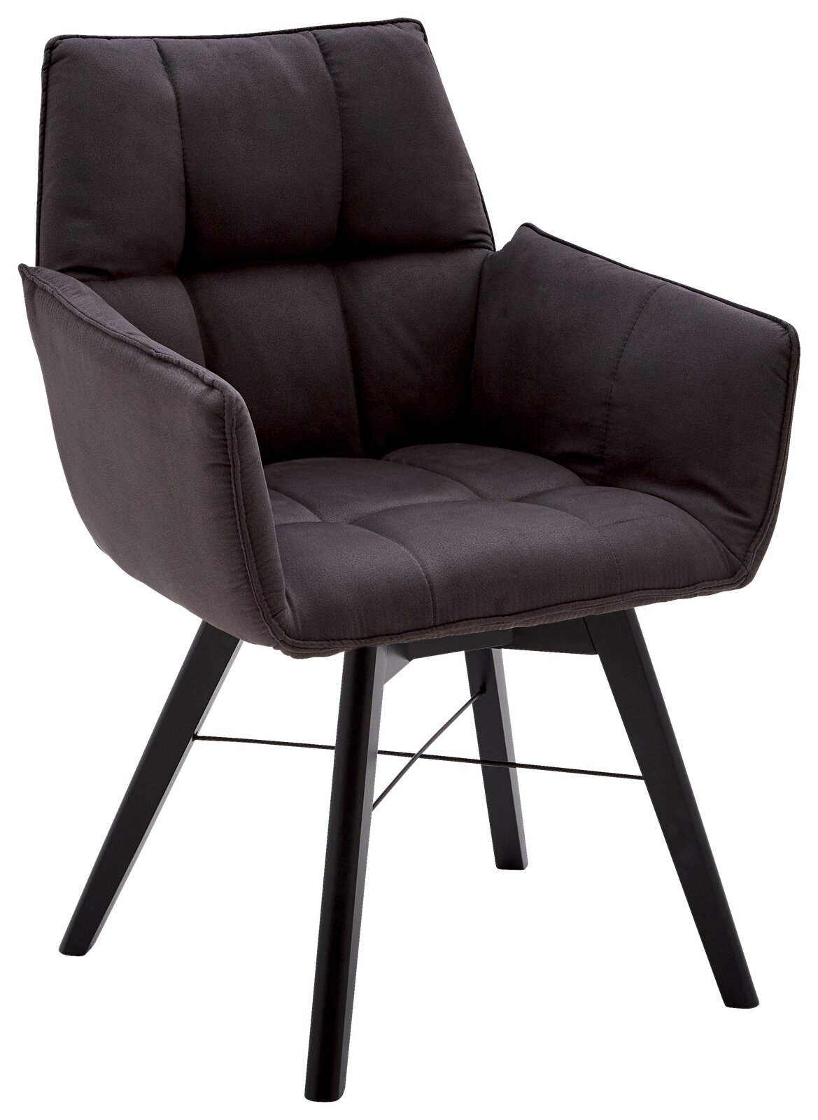 Moderner Armlehnenstuhl in dunklem Stoffbezug, seitliche Perspektive