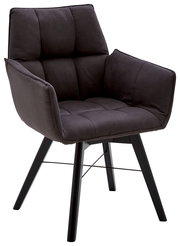 Moderner Armlehnenstuhl in dunklem Stoffbezug, seitliche Perspektive