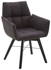 Moderner Armlehnenstuhl in dunklem Stoffbezug, seitliche Perspektive